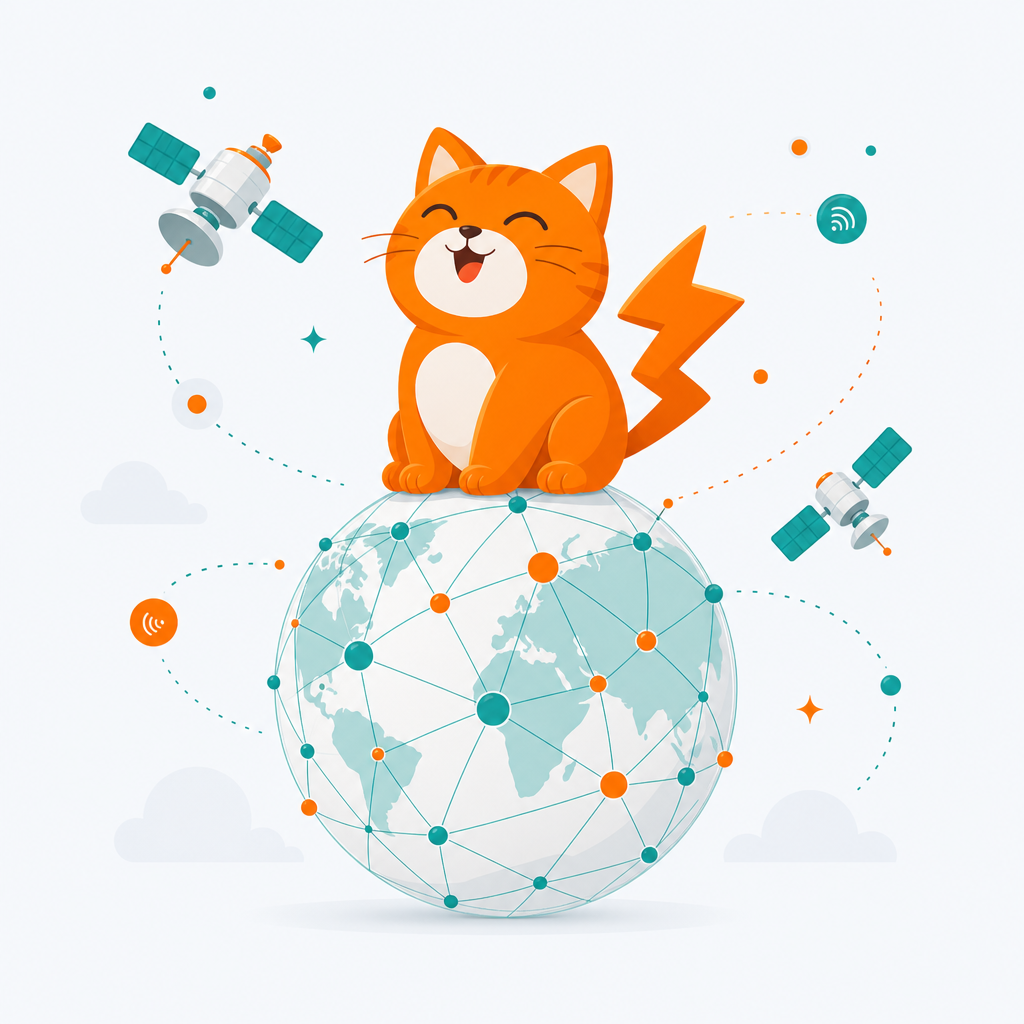 Clash Tutorial mascot: an orange cat sitting on a network globe, symbolizing global node connections